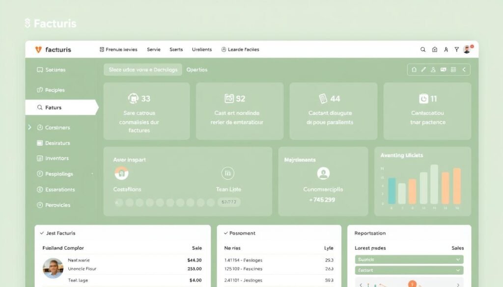 Dashboard du logiciel Facturis avec fonctionnalités de gestion commerciale