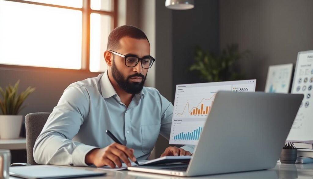 Entrepreneur marocain analysant des données commerciales sur un logiciel de gestion